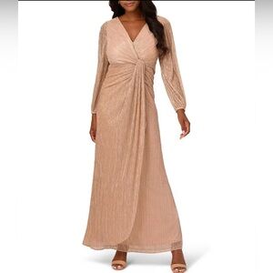 NWT Adrianna Papell Metallic Draped Long Gown, Gold/Champagne, Size 12.